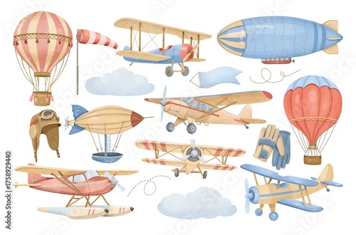 Watercolor vintage airplanes isolated illustrations set