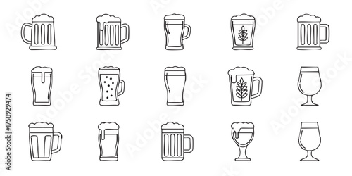 Set of beer mug outline icons vector
