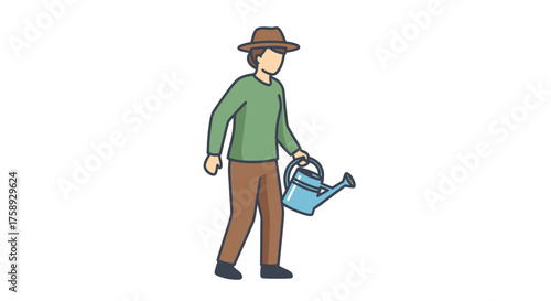 Cartoon Man with Hat Holding a Blue Watering Can.