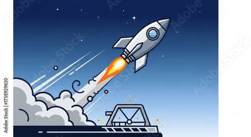 Rocket launch startup business concept innovation space travel technology vector illustration design