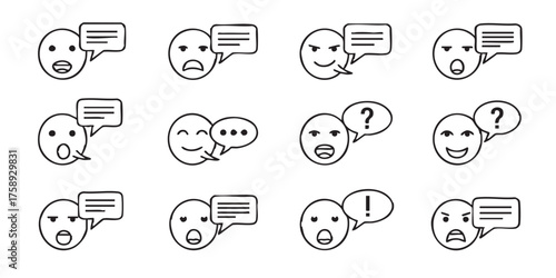Set of talking face speaking outline icons vector

