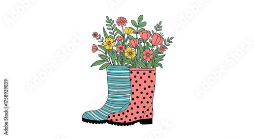 Charming floral bouquet in a pair of mismatched boots.