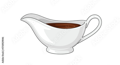 A gravy boat filled with rich brown gravy for serving meals.
