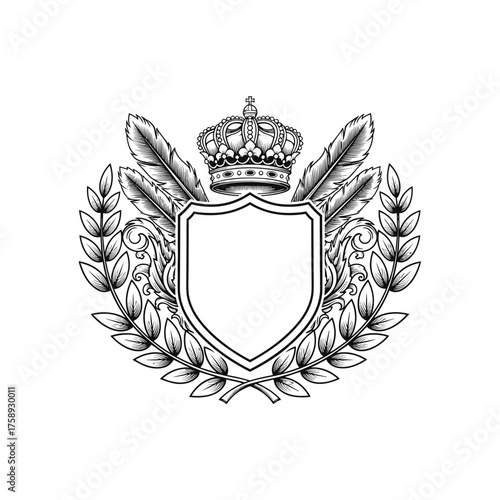 A royal crest features a shield surrounded by laurel leaves and feathers under a crown.