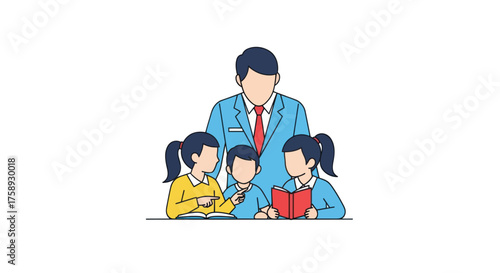 Teacher guiding young students in a learning session.