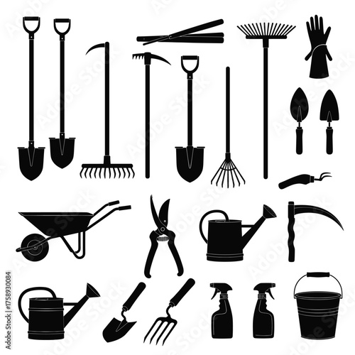 A collection of gardening tools including shovels rakes hoes watering cans wheelbarrows and pruning shears.