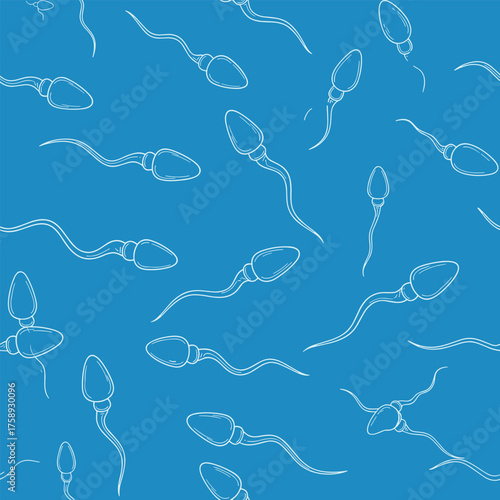 A scientific illustration of sperm cells swimming on a blue background.