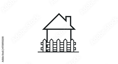 Simple Outline Drawing of a House with a Picket Fence.