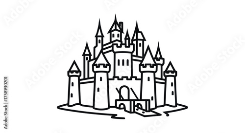 Detailed Outline Drawing of a Majestic Medieval Castle with Towers and Battlements.