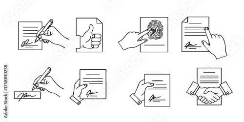 Set of document signing hand outline icons vector
