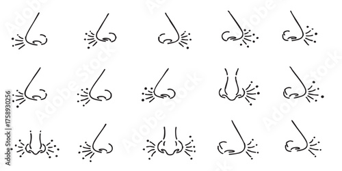Set of nose smell breathing outline icons vector
