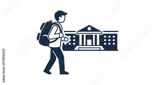 Student with backpack walking towards school building icon.