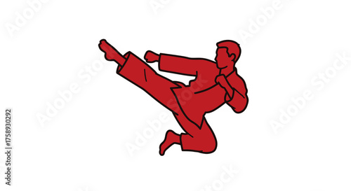 Dynamic Red Martial Artist Performing High Kick in Combat Sport Illustration.