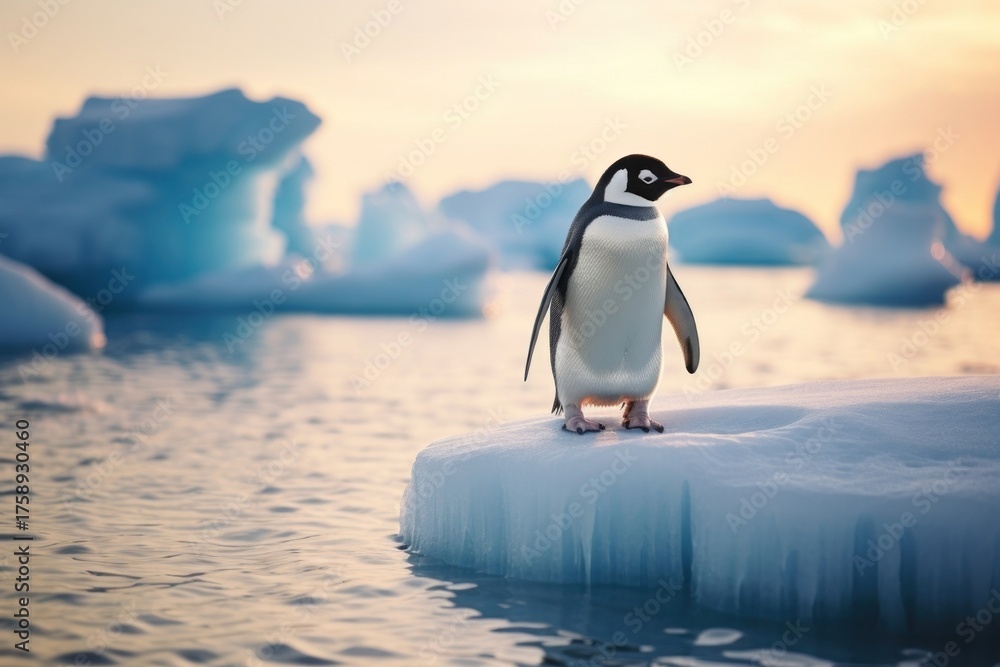 Obraz premium A penguin standing on melting ice berg outdoors nature animal.