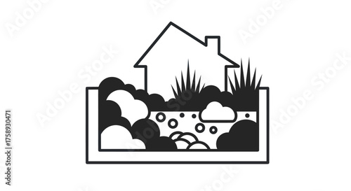 Minimalist Illustration of a House with Garden in a Rectangular Planter.
