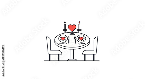 Romantic Dinner Table Setting with Candles and Heart Decoration.