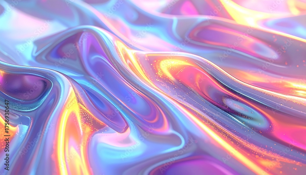 Fototapeta premium An abstract illustration showcases flowing, iridescent textures with shimmering gradients and soft, blurred light effects. It conveys a sense of fluidity