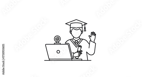 Graduate with Laptop and Diploma Celebrating Online Achievement.