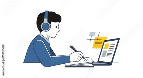 Young person wearing headphones studying and writing at a desk with a laptop.