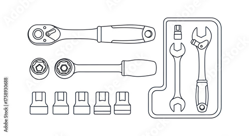 Ratchet and Socket Set: Wrenches Sockets and Adapters in a Tool Kit.