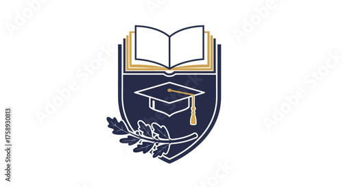 Academic crest logo with graduation cap open book and laurel branch.