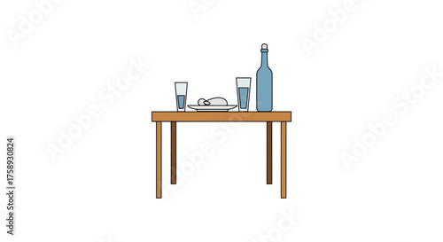 Simple Wooden Table Set with Glasses Bottle and Plate.