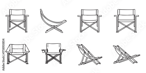 Set of camping chair folding outline icons vector
