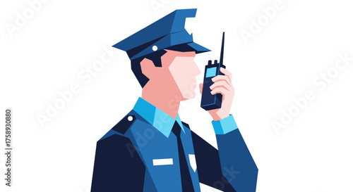 Police Officer in Uniform Holding a Radio Communicator.