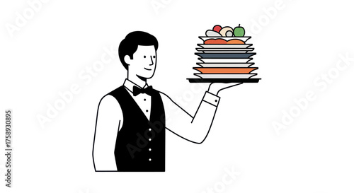 Waiter in Uniform Holding a Stack of Plates with Food.