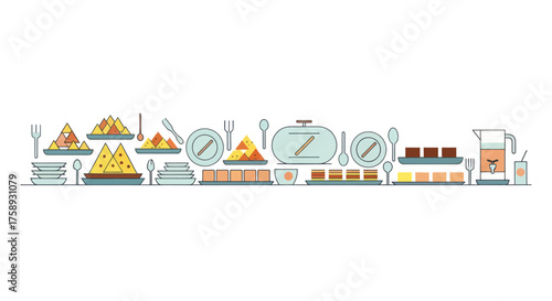 A horizontal illustration of a buffet spread with various dishes and serving utensils.