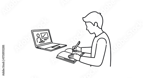 Student Learning Online with Laptop and Notebook Illustration.