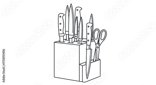 Kitchen Knife Block with Various Knives and Scissors Line Art Illustration.