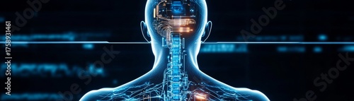 Tech Anatomy Digital Human Back View with Cybernetic Implants, AI, NeuralNetwork