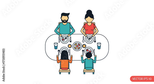 Family of four dining together at an oval table top-down illustration.