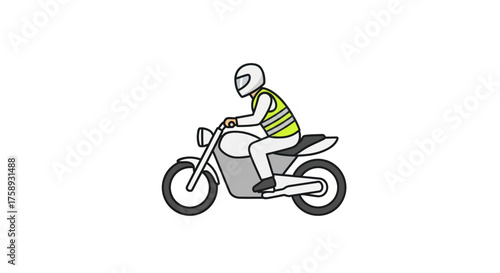 Motorcyclist with Helmet and Safety Vest Riding a Motorcycle.