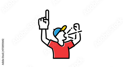 Excited sports fan icon cheering loudly with foam finger.