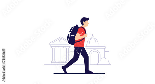Young man with backpack walking past classical building facade.