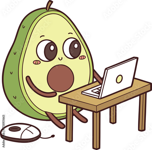 Cartoon avocado character with notebook. Childish avocado personage sitting at desk, working, learning or watching online content on laptop. Tropical fruit kid vector funny personage using computer