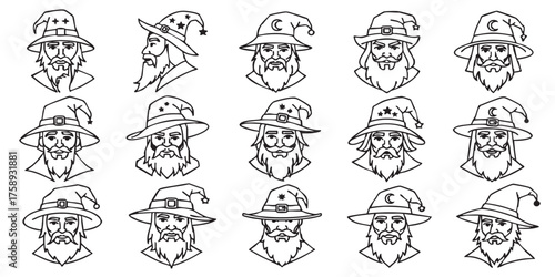set of wizard head outline icon vector