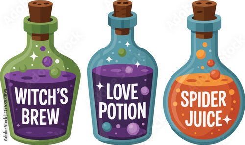 Three colorful glass bottles labeled Witch's Brew, Love Potion, and Spider Juice, perfect for Halloween decorations.