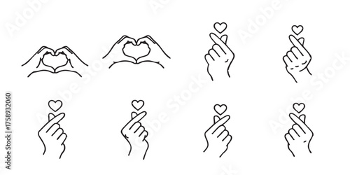 Set of hand heart love gesture outline icons vector
