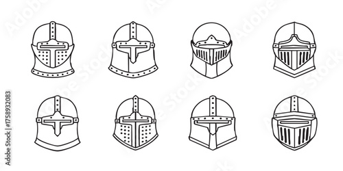 Set of medieval knight helmet outline icons vector
