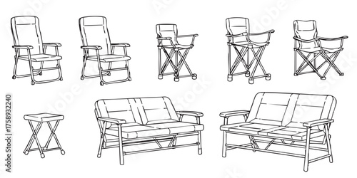 Set of camping chair folding outline icons vector
