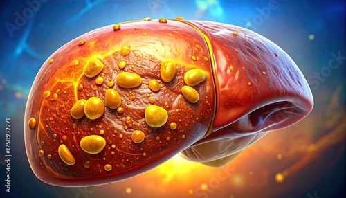 A vivid depiction of a human liver showing signs of fatty degeneration. Rendered with intricate details
