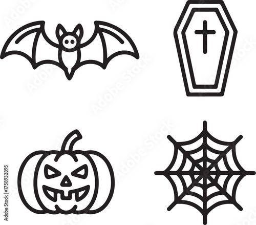 A simple line art illustration featuring four classic Halloween symbols: a bat, a coffin, a carved pumpkin, and a spiderweb.