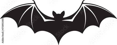 A stark black silhouette of a bat is depicted against a white background, its wings fully extended in flight.