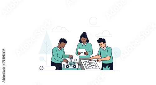 Diverse Team Collaborating on Engineering Project Illustration.