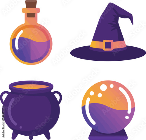A collection of four classic Halloween witchcraft symbols including a potion bottle, witch hat, cauldron, and crystal ball.