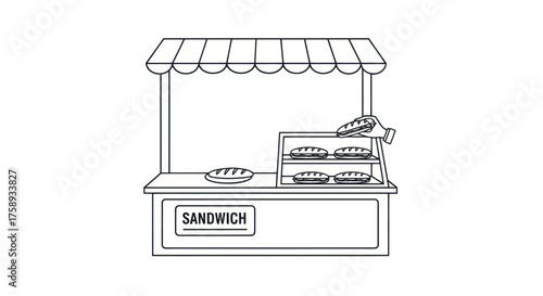Simple Line Art Illustration of a Sandwich Shop Stall.