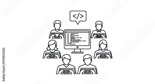 Group of People Coding Around Computer Screen with Code.